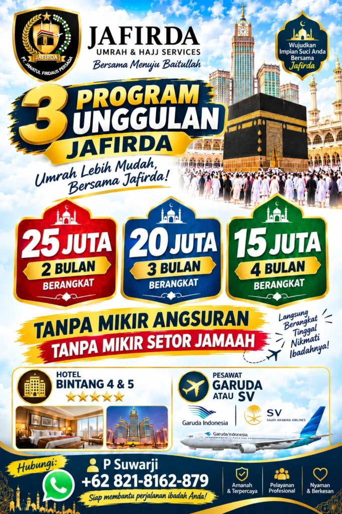 Flyer Program Unggulan JAFIRDA dengan pilihan harga dan waktu keberangkatan; ketentuan dikonfirmasi kepada perusahaan